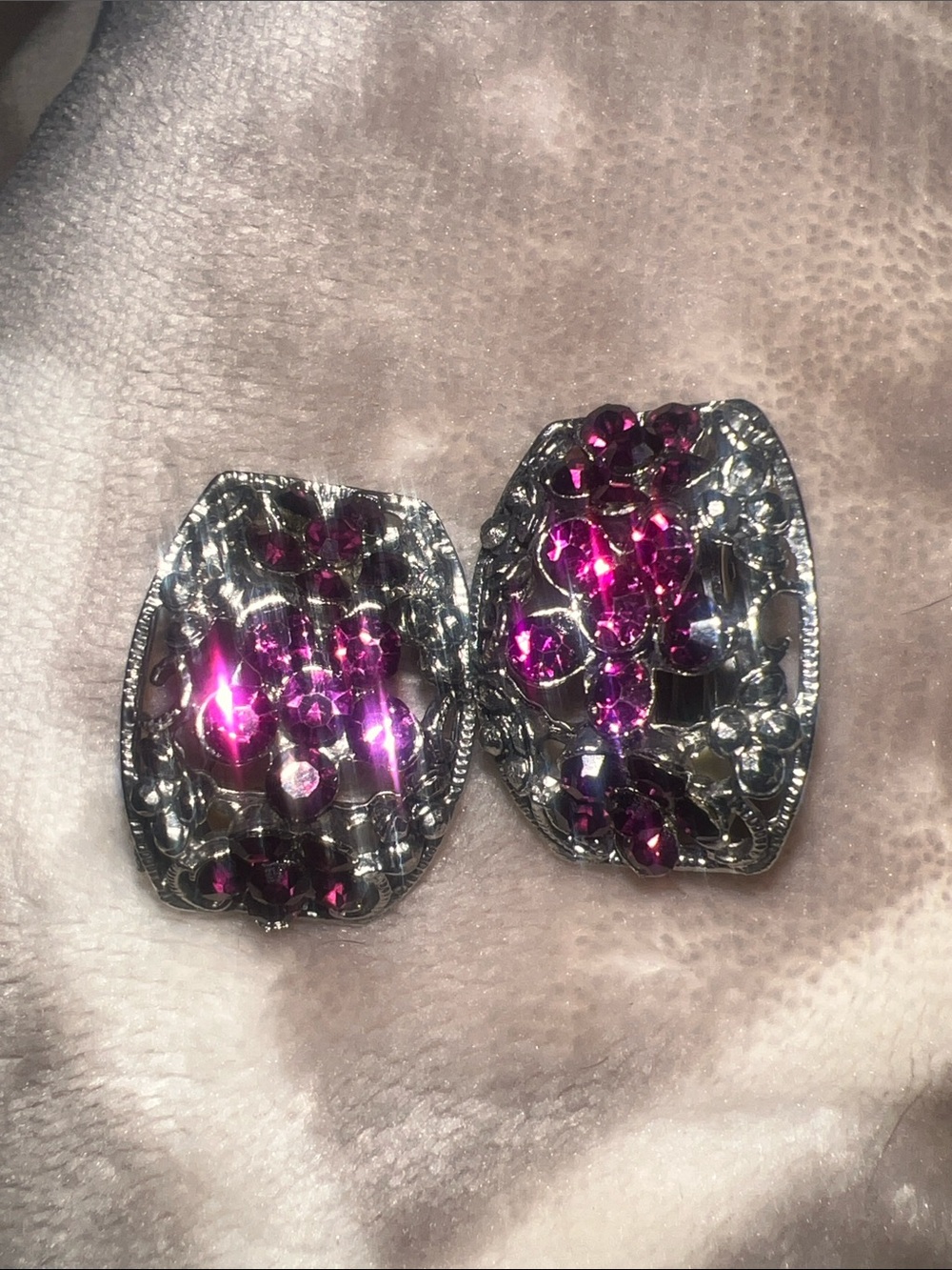 Rhinestone Cluster Silver-Tone Clip Earrings with Fuchsia Stones